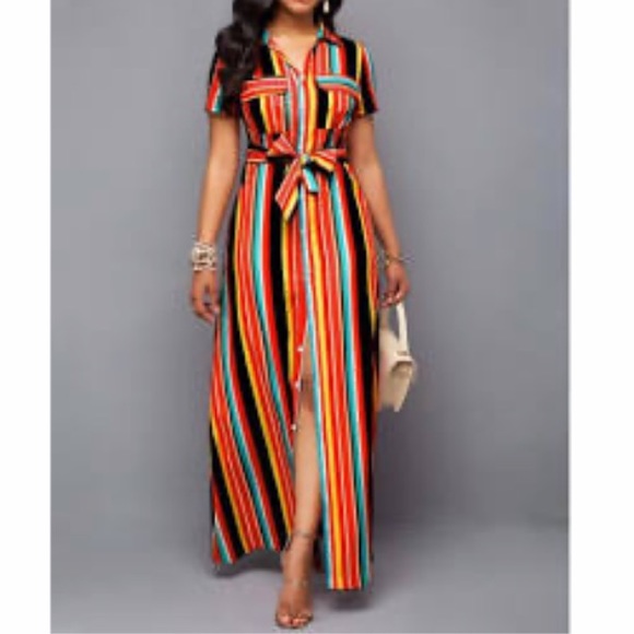 Private Label Dresses & Skirts - PLUS SIZE BELTED RAINBOW STRIPE MAXI DRESS